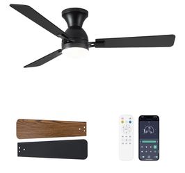 Dolavast 52in Lo Profile Black Ceiling Fan LED Light DC Motor Remote Control Flush Mount Reversible