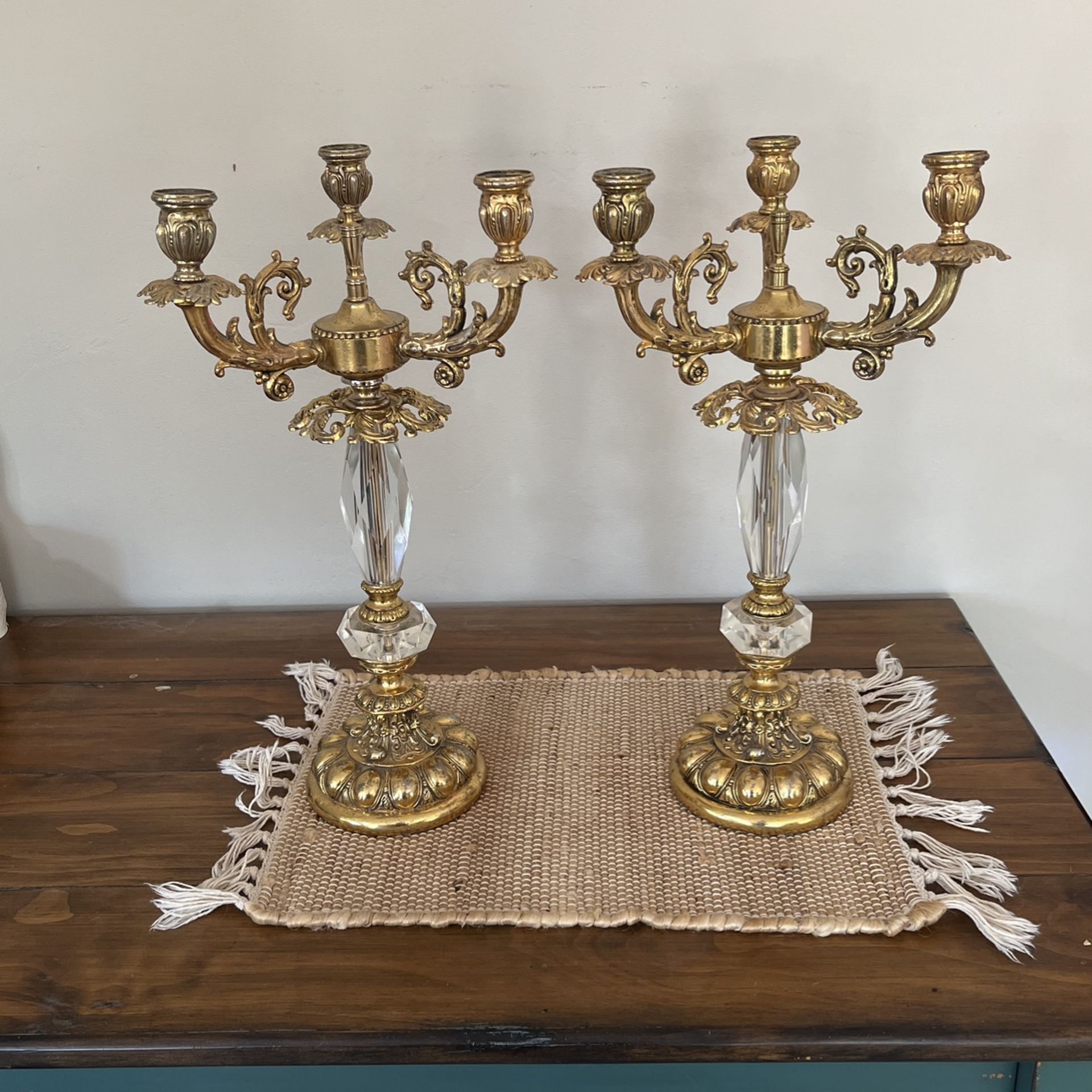 PAIR Ornate 3 Candelabra Candle Stick Holders Gold