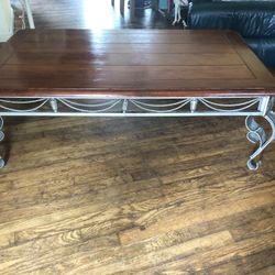 Antique Cherry Wood Cast Iron Coffee Table 