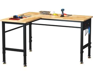 Adjustable L-Shaped Workbench, Rubber Wood Top Heavy Duty Workstation with Power Outlets, 2000 LBS Load Capacity Hardwood Worktable for Workshop, Gara