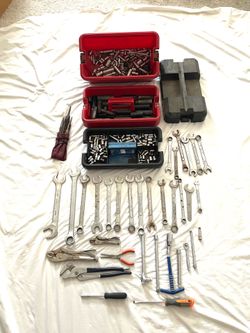 Huge collection, great condition mechanics hand tools with vintage three layer toolbox