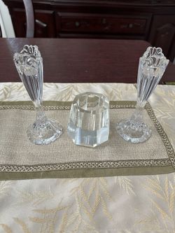 Oleg Cassini (Signed) Crystal Candle Stick Holder + 2 Stick Holders
