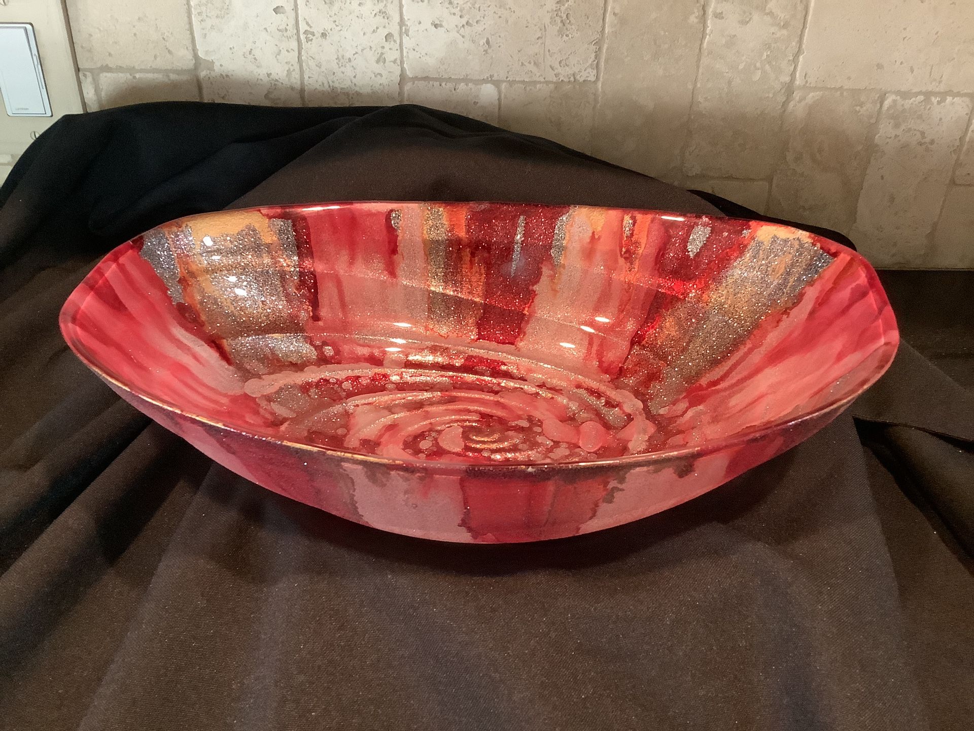 Beautiful Red Pink Silver Swirl Reverse Painted Decorative Serving Bowl