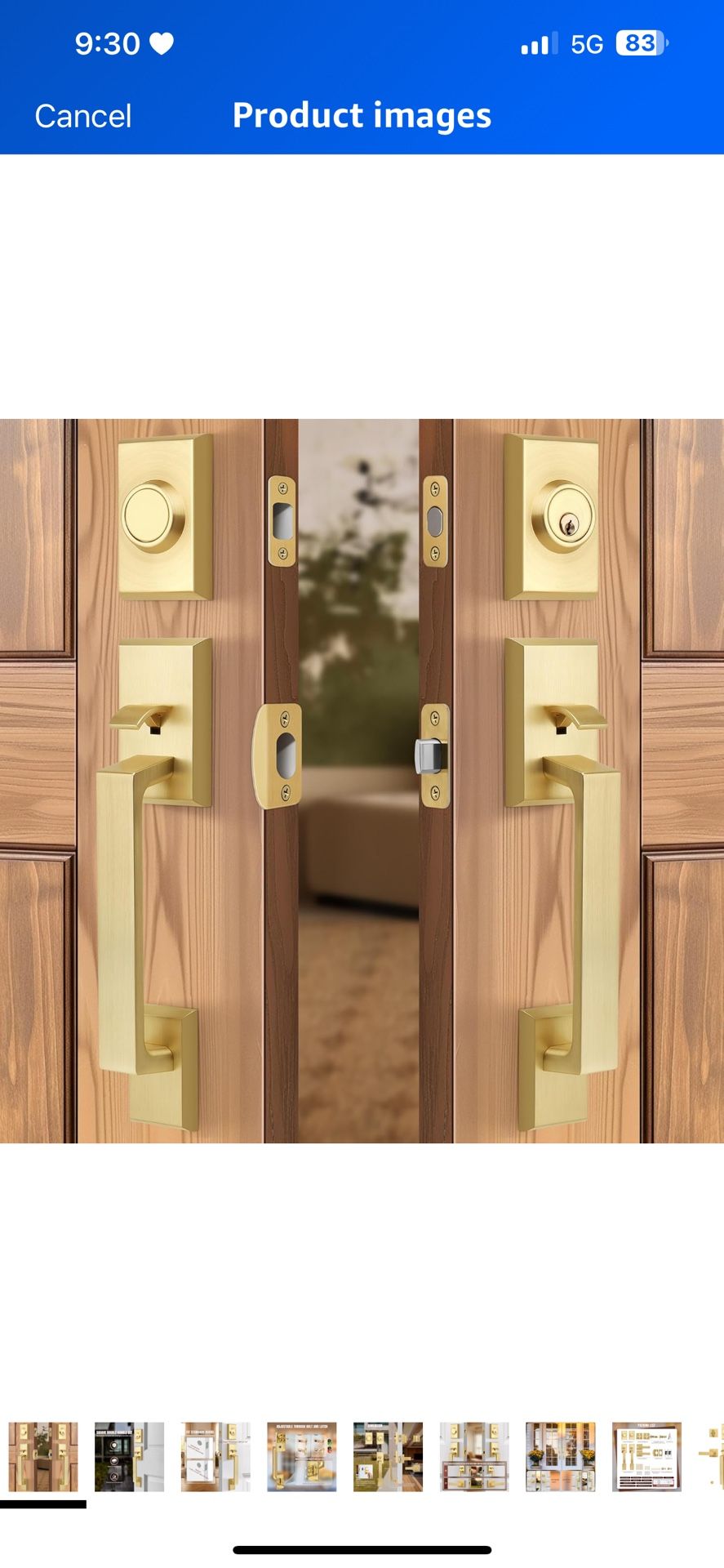 Brushed Gold Double Front Door Lock Set, Keyed Entry Front Door Handleset with Dummy