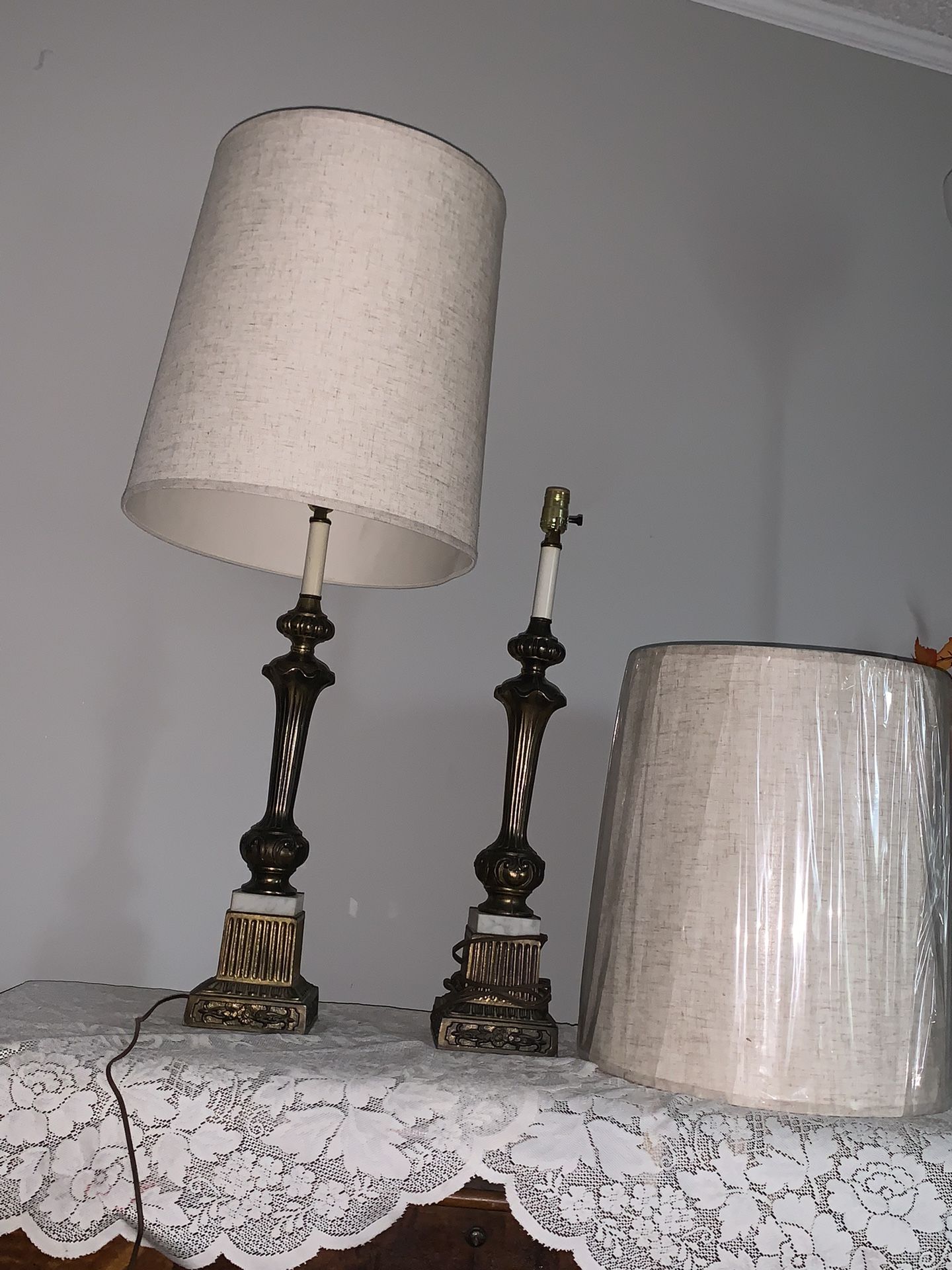 2 Vintage Lamps And Lamp Shades- Brass And Marble 