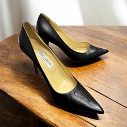 Jimmy Choo Black Leather Pointed Toe Slip On Heels Pumps Size 39