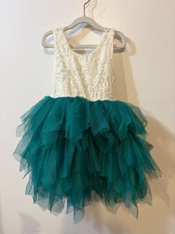 Girls’ Emerald Teal Tulle Party Dress with Ivory Lace Bodice – Special Occasion