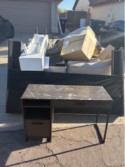 Free items for pickup. Couch, desk, long shelf/TV stand