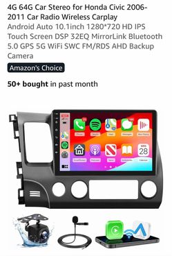 4G 64G Car Stereo for Honda Civic 2006-2011 Car Radio Wireless Carplay Android Auto 10.1inch 1280*720 HD IPS Touch Screen DSP 32EQ MirrorLink Bluetoot