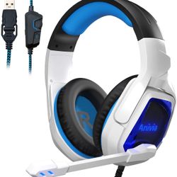 USB Gaming Headset Virtual 7.1 Surround Sound Headphones with Microphone, Soft Earmuffs Surround Sound for PC Computers, Mac, Laptop, Desktop, (Blue W