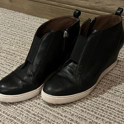 Linea Paolo Women's Black Perforated, Leather Platform  Wedge Sneaker