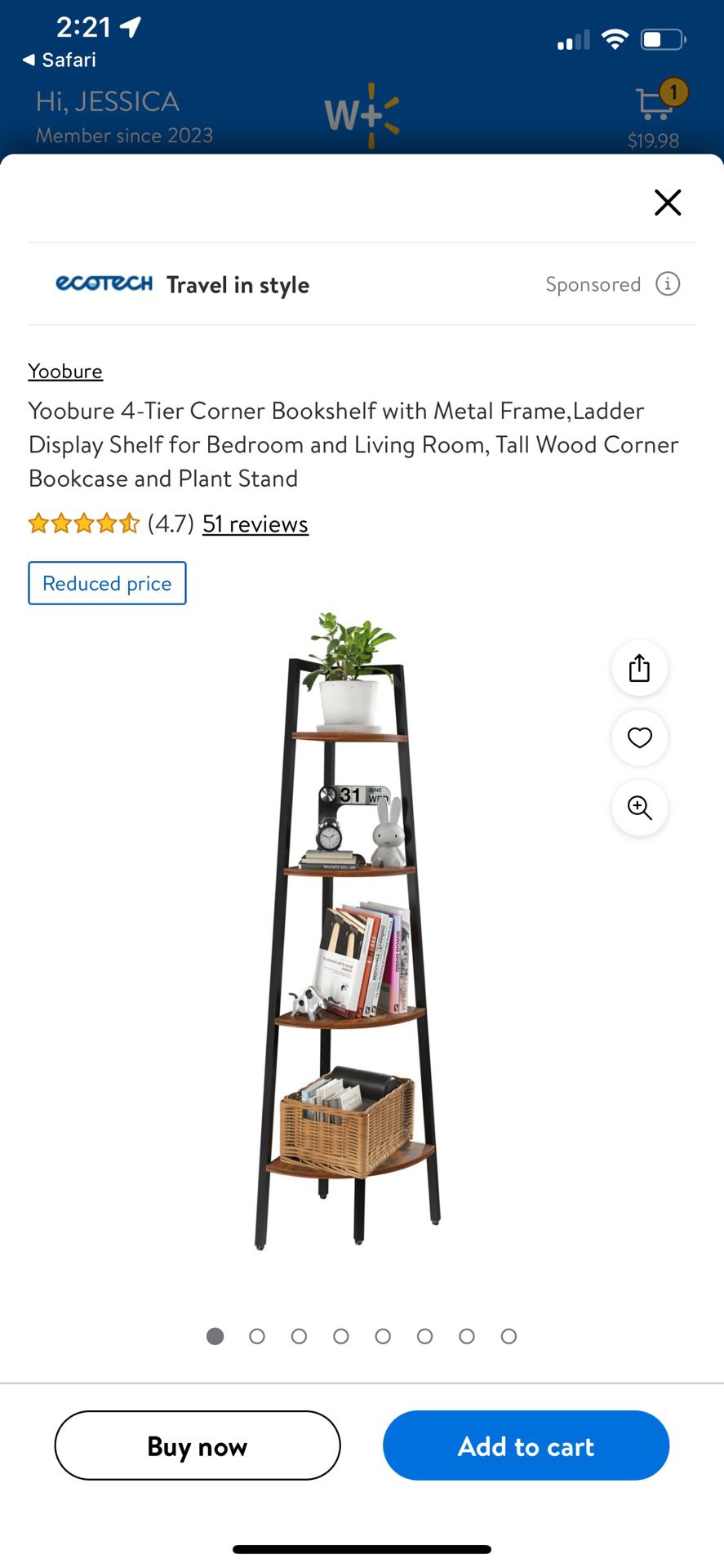 Yoobure 4-Tier Corner Bookshelf with Metal Frame,Ladder Display Shelf for Bedroom and Living Room, Tall Wood Corner Bookcase and Plant Stand