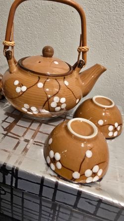 Vintage Japanese Style Ceramic Cherry Blossom Tea Set with Bamboo Handle