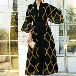 Beautiful Black And Gold Embroidered Long Dress, Arabian Style, Jalabiya Islamic Wear