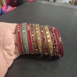 Indian Style Bangle Bracelets Set Of 11, Metal W/Rhinestones,  Churches Or Churi Set Worn For Celebrations Gold, Red & Green 2 7/16" Opening