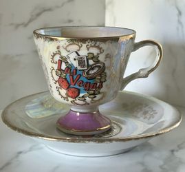 Vintage Las Vegas Souvenir Iridescent Gold Trim Ceramic Floral Cup & Saucer