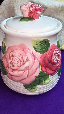 Vintage KMC Ceramics Large Rose With Basket Weave Design  Canister Cookie Jar With Rose Handle on the Lid CR4P009