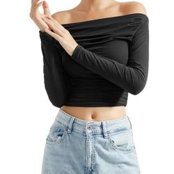 SUUKSESS Women Off Shoulder Long Sleeve Shirts Double Lined Fitted Crop Tops