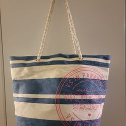 Victoria's Secret "VS in Paradise" blue and white striped beach tote bag with rope handles
