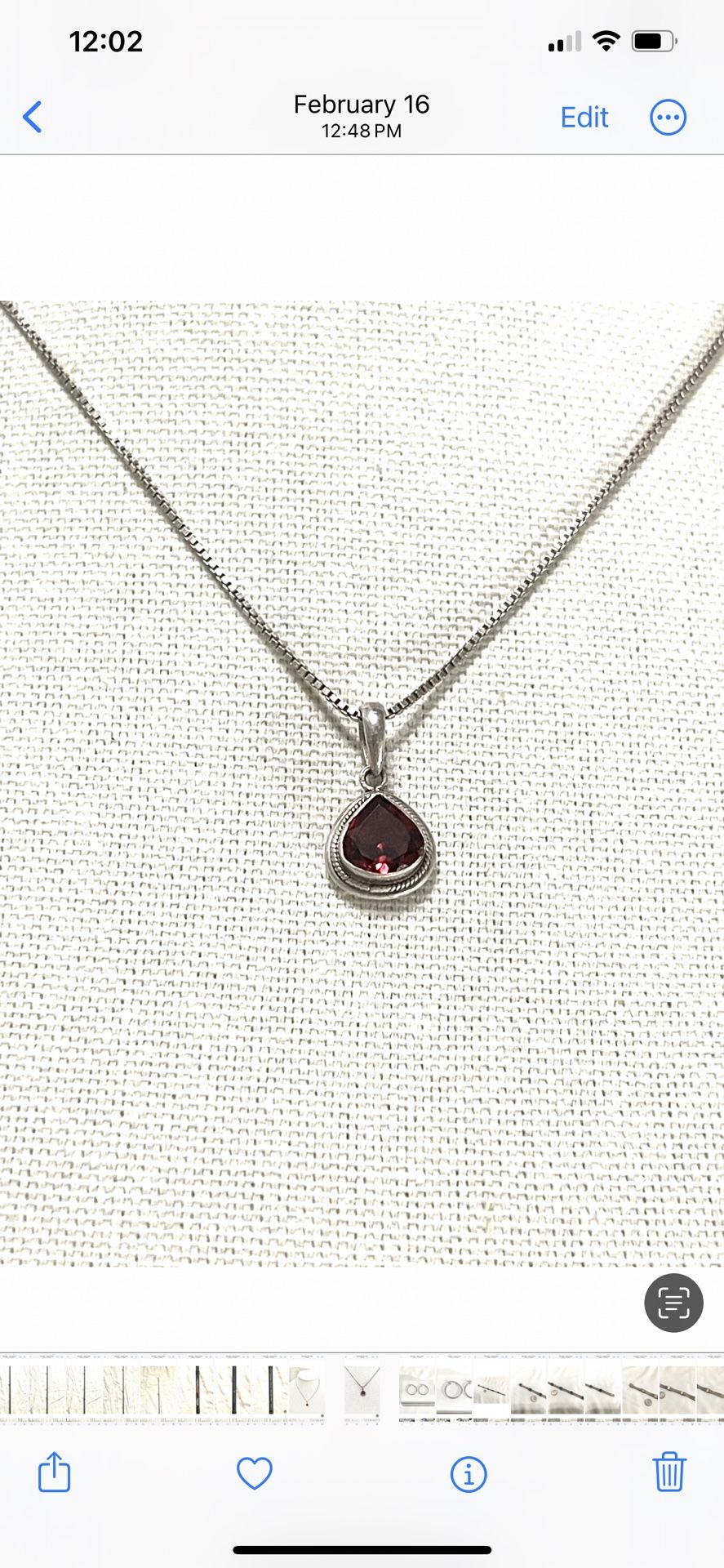 Vintage silver pendant with red garnet gemstone with 18 inch silver necklace