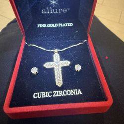 Fine gold Plated  Gold Cross Chain And Earrings 