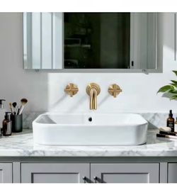 Double Handle Wall Mounted Bathroom Faucet with Brass Rough in Lever Handle in Brushed Gold