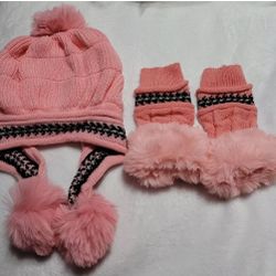 Women Winter Warm Hat With Hand Warmer Pink. One Size Fits All
