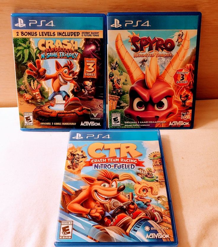PS4 CRASH TRILOGY/CRASH TEAM RACING/AND SPYRO TRILOGY 20$ EACH OR TAKE ALL 3 FOR 45$ FIRM