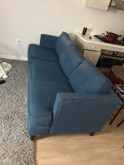 Blue Linen 3-Seater Sofa – Mid-Century Style – Dark Wood Legs