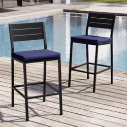Set Of 2, Metal Outdoor Bar Stools in Light Gray with Cushion (2-Pack)