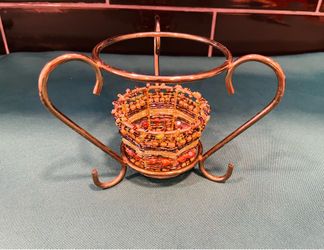 Vintage pretty beaded votive/pillar candle holder with gold metal stand
