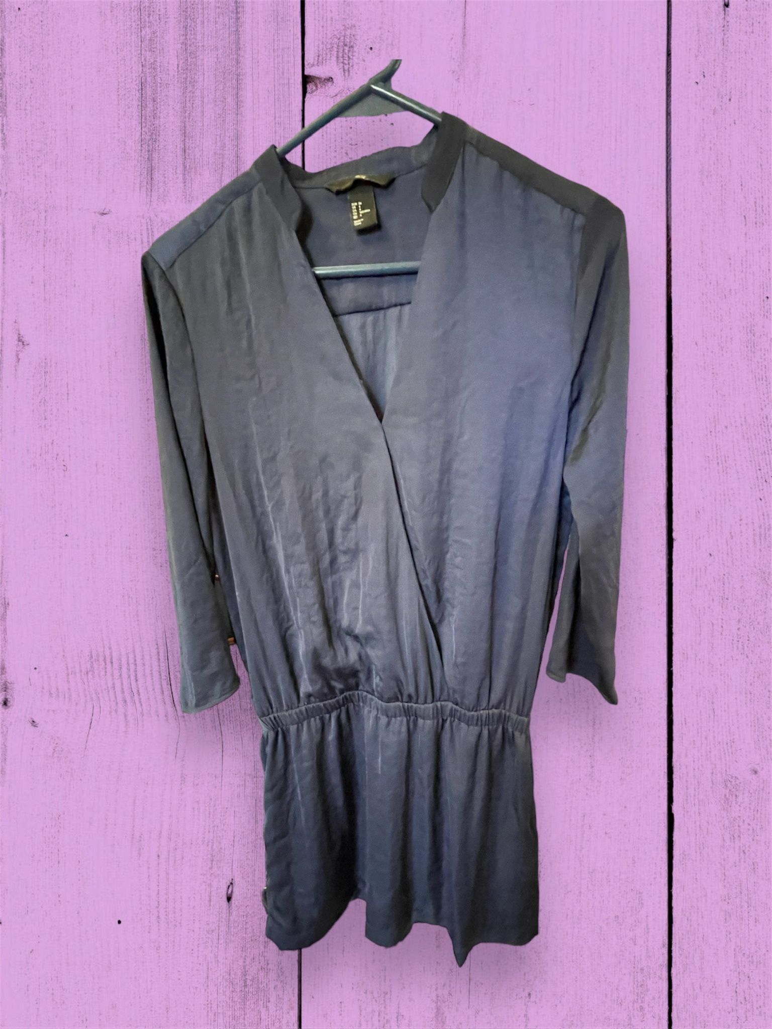 H&M Sz 4 Silk Shift Dress Tunic Blouse Cinched waistband 3/4 Sleeves Navy