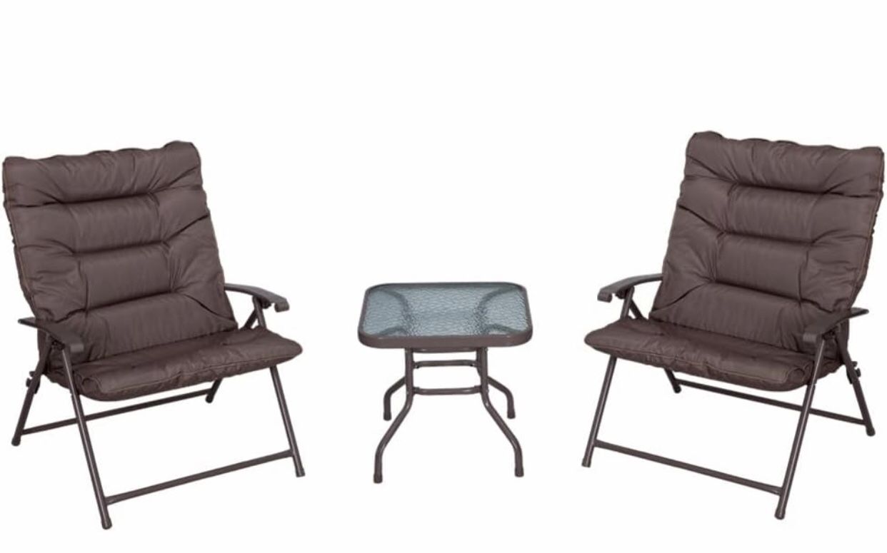 Juego de 3 sillas plegables de patio con cojines beige, 2 sillas reclinables ajustables y 1 mesa auxiliar de vidrio templado