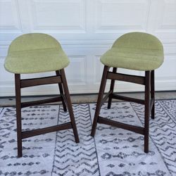 Matching Pair of Wooden Bar Stools – Dark Brown with Light Green Cushions