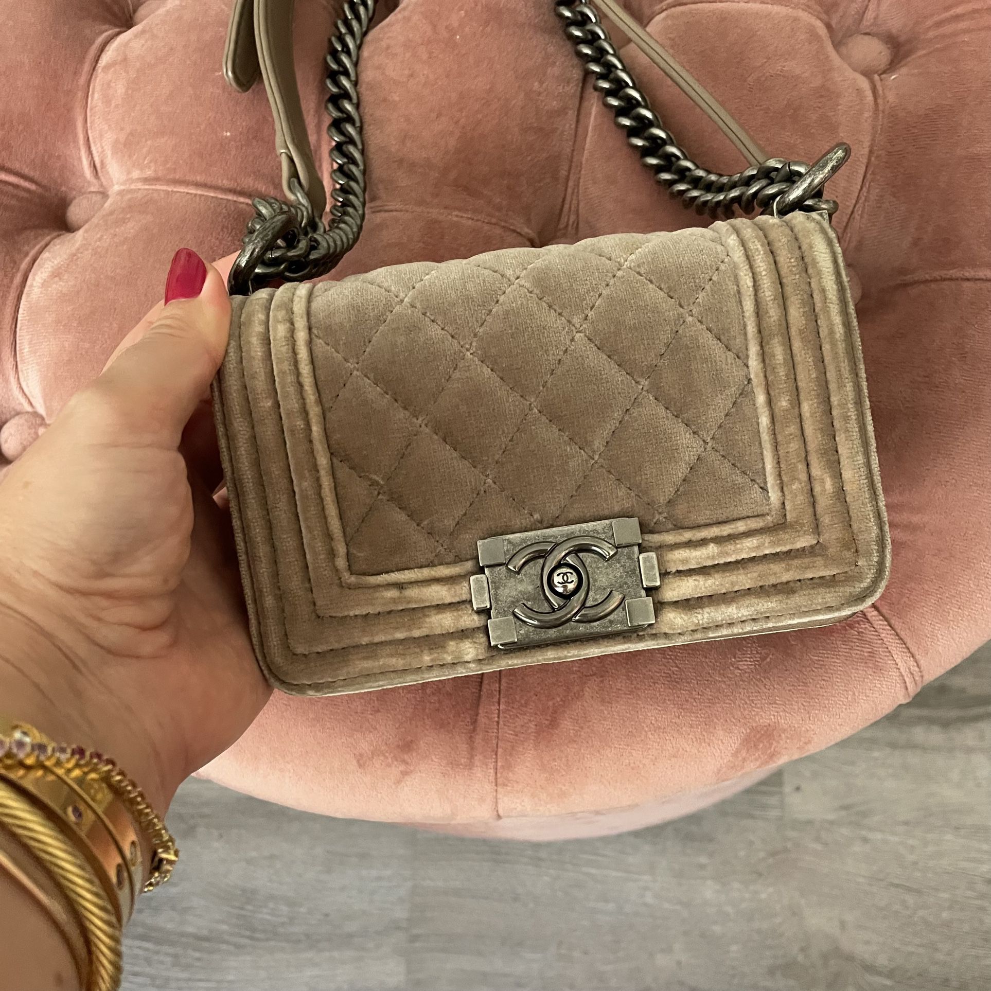 AUTHENTIC Chanel Boy Bag! Excellent Pre-Owned Condition! Gorgeous Tan /  Beige / Taupe Velvet Hardware Comes with Dust Bag, Poshmark authentication  for