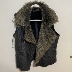 Women's Faux Fur Black Leather Vest Jacket