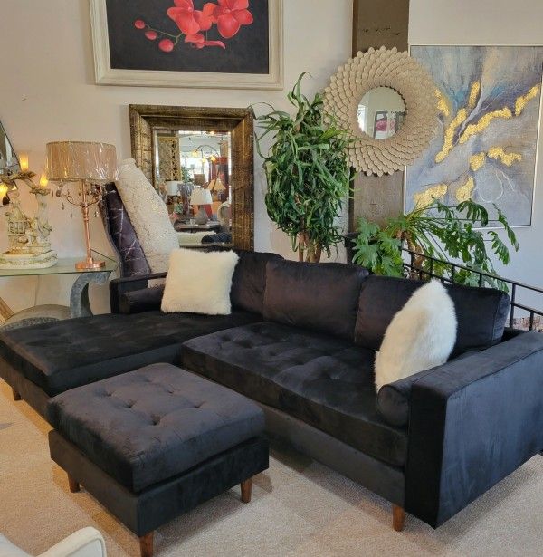 Black Mid-Century Modern Reversable Sectional with Ottoman Microfiber