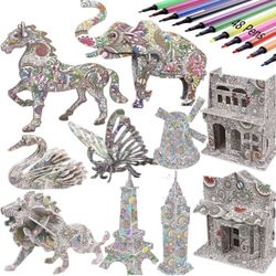 3D Coloring Puzzle Set,10 Pack Puzzles with 48 Pen Markers, Art Coloring Painting 3D Puzzle for Kids Age 7 8 9 10 11 12. Fun Creative DIY Toys Gift fo