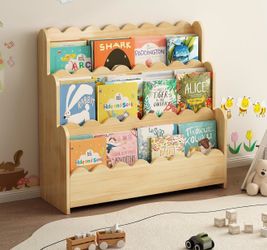 3-Tier Solid Pine Wood Scalloped Bookshelf Montessori Bookshelf, Wooden Book Shelf Organizer, Display Furniture, For Playroom, Nursery and Classroom
