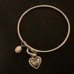 Stainless Steel Bangle Bracelet With Heart And Pearl Charms