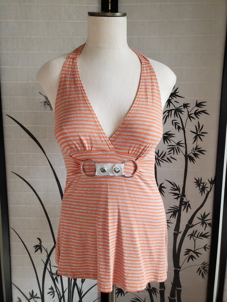 Charlotte Russe Orange & Silver Halter Tank Top
