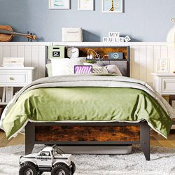 Twin Size Bed Frame and Headboard with Charging Station, Twin Bed Frame with Storage, Heavy Duty Steel Support, No Box Spring Needed, Squeak Resistant