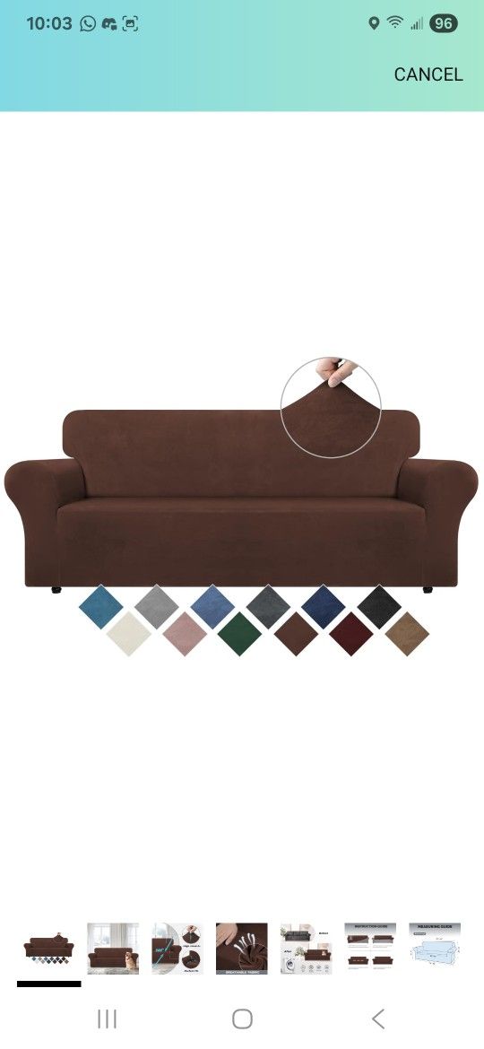 WEERRW Velvet Couch Cover for 3 Cushion Couch Covers - Stretch Sofa Slipcovers with Non Skid Foam and Elastic Bottom, Furniture Protector for Pets, Cr
