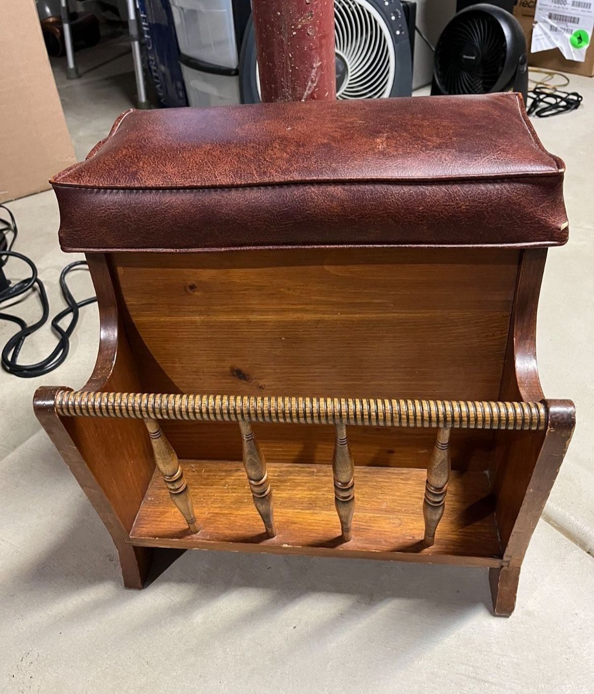 Vintage MCM Wood Vinyl Lift Top Bench Magazine Rack Holder