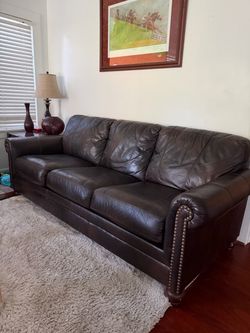Genuine Dark Brown Leather Sofa and armchair with Nailhead Trim