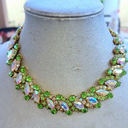 Beautiful Iridescent & Lime Green Rhinestone Necklace Costume Made