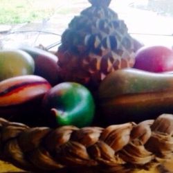 Vintage 60s handwoven basket and hard carved wooden fruit San Salvador. Beautiful woven basket....it's just gorgeous!! The basket alone is worth m