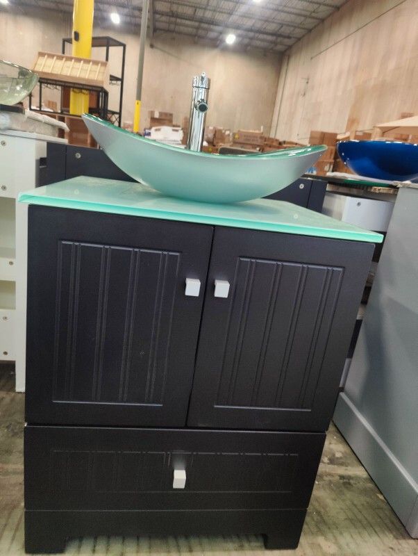 24" Bathroom Vanity Vessel Sink Combo, Modern Black Bathroom Cabinet Set