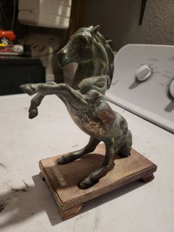 Vintage Chinese Flying Horse of Gansu Brass Statue with Wooden Base