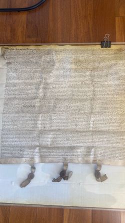 1611 Medieval manuscript document on the sale of the Manor and Lordship of Longbarnes on vellum with provenance 28”x28” an exquisite  antique and  his